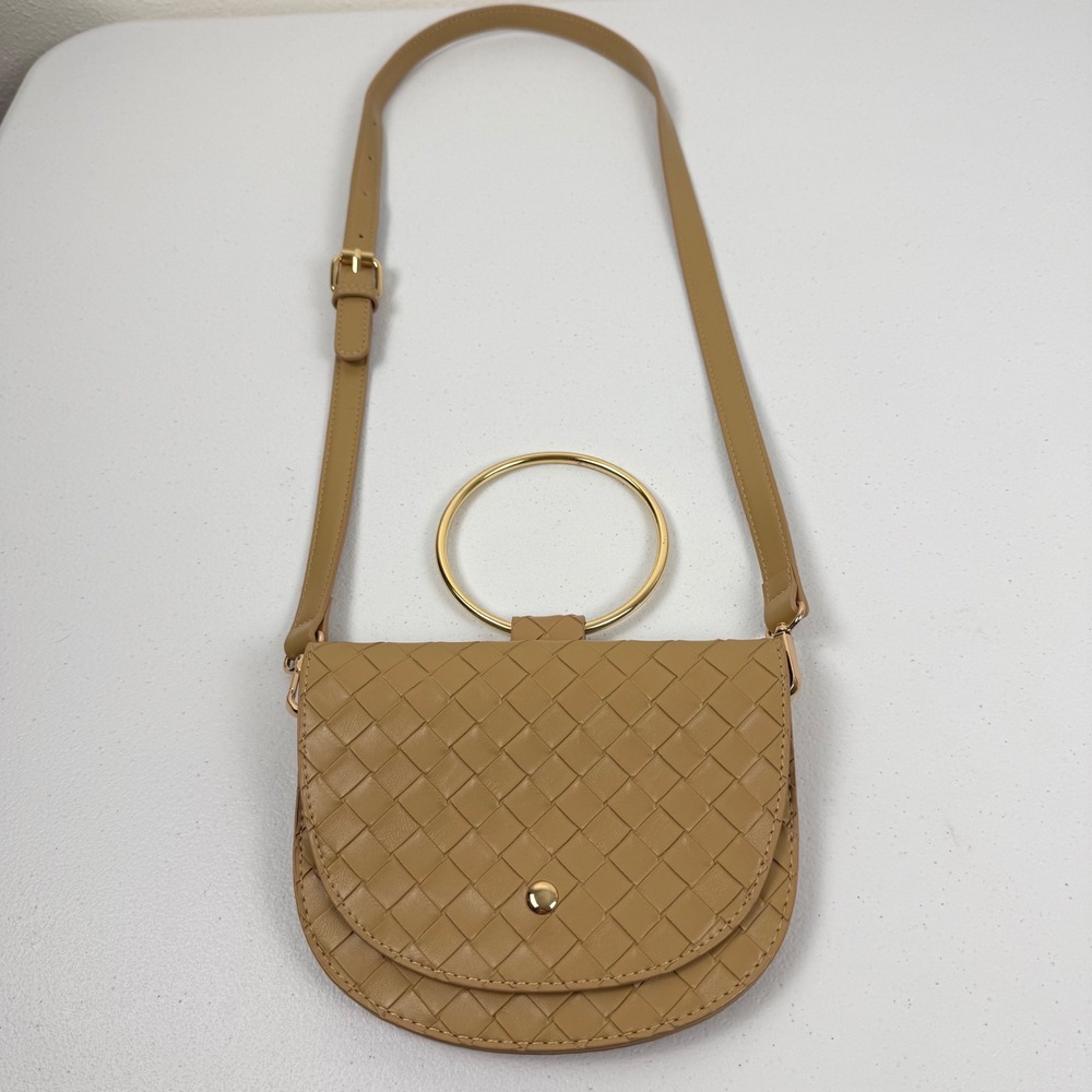 Anthro‎ Melie Bianco Tan Vegan Leather Woven Crossbody Gold Ring Handle Bottega